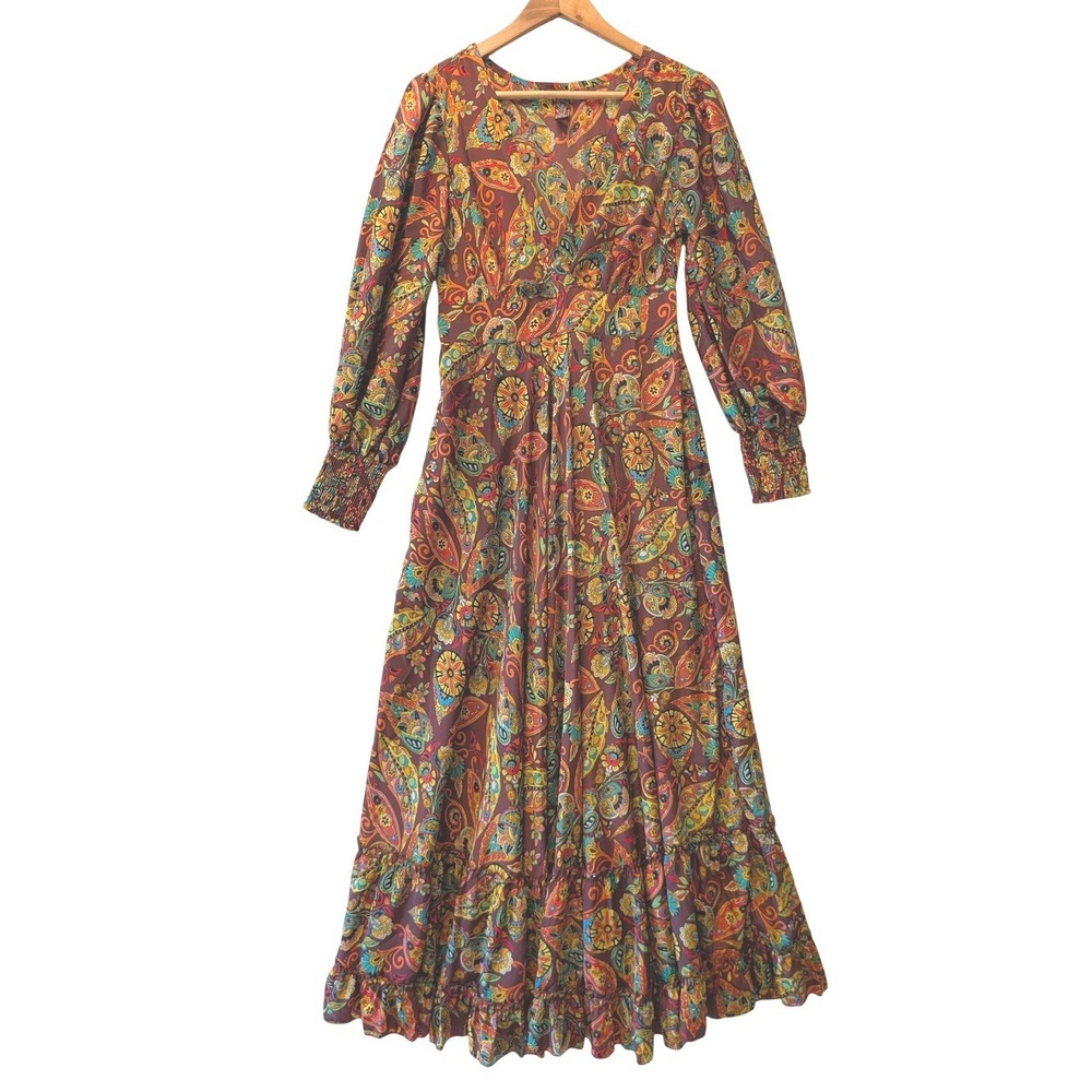 ME 2 Magic Paisley Floral Boho Maxi Dress Burgundy V-Neck Smocked Waist Medium